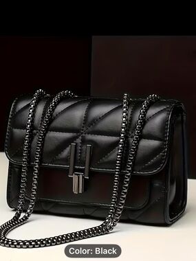Quilted Black Chain Crossbody Bag - Unbranded